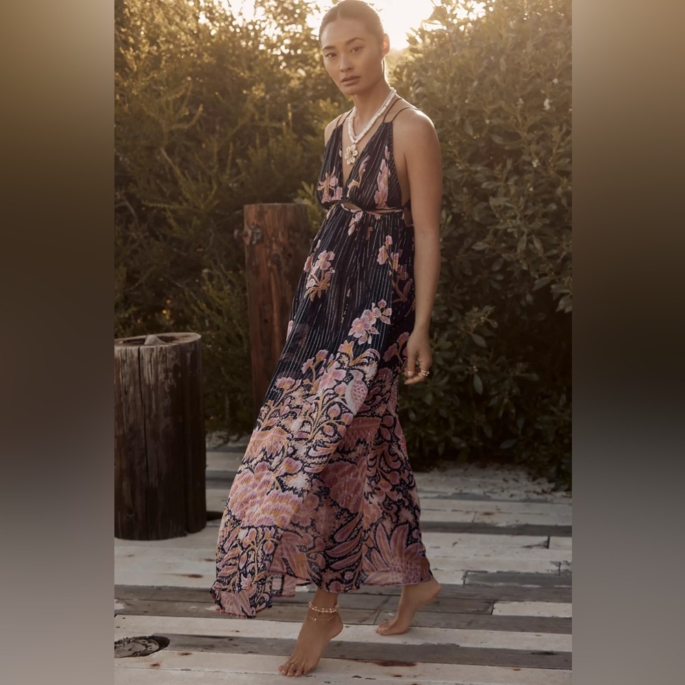 Anthropologie Floral Maxi Dress SP NWT Boho Halter Pink Black